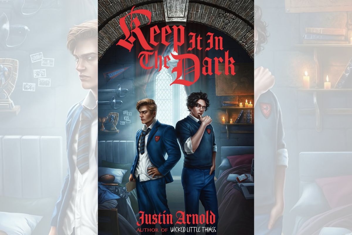 Book cover for "Keep It in the Dark" with the drawing of two boys in school uniforms standing in their dorm room.