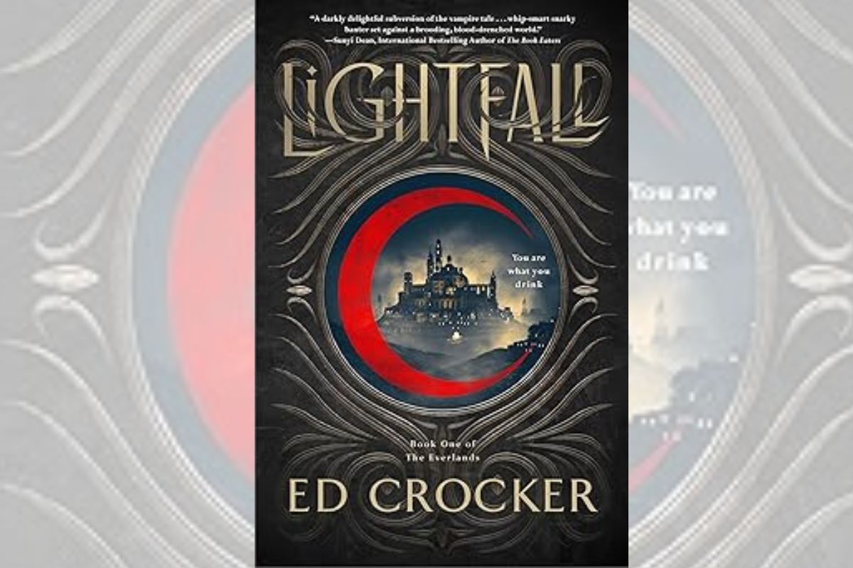 Book cover for "Lightfall" with a castle surrounded by a red moon.