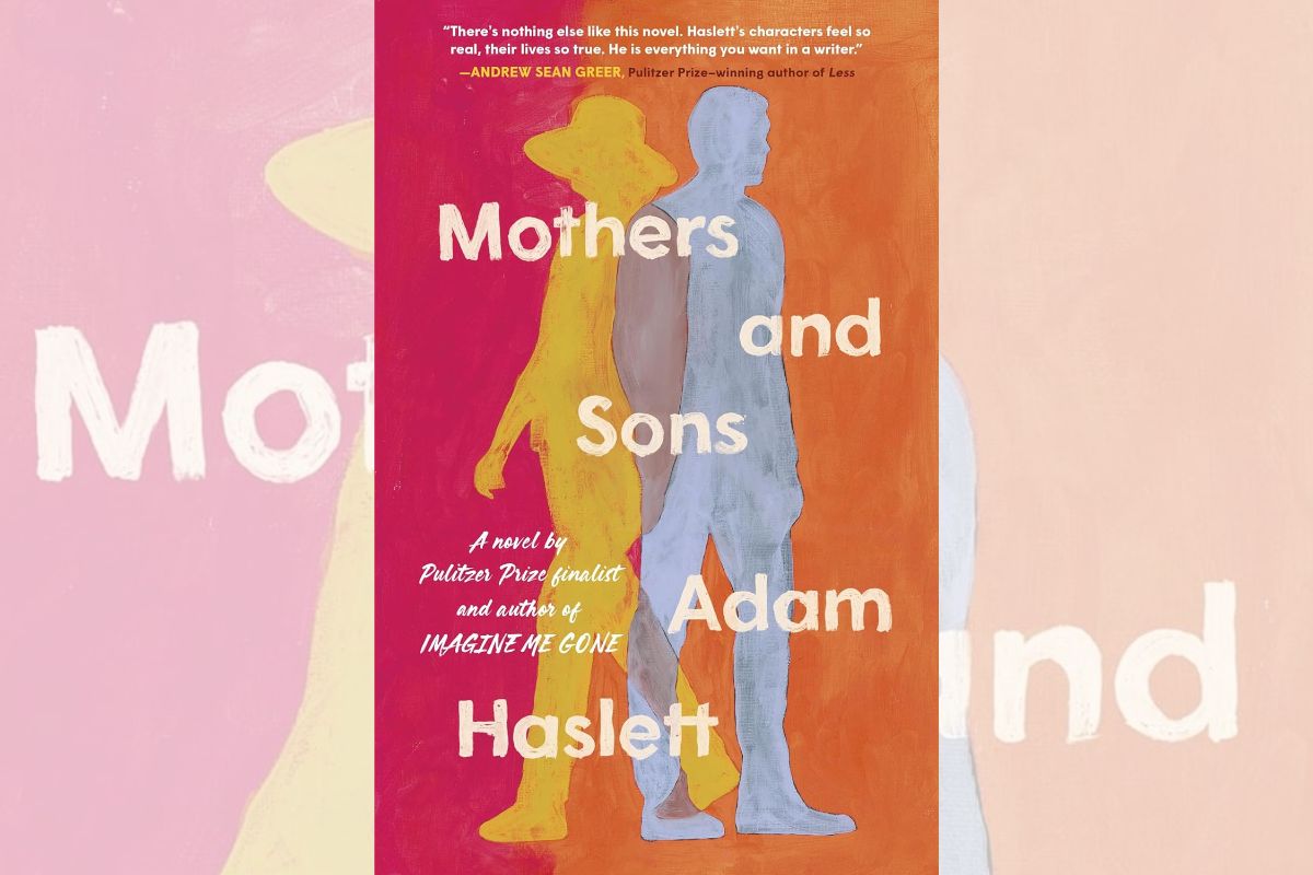 Book cover for "Mothers and Sons" in pink and orange with the shadow of a woman in yellow and a man in gray.