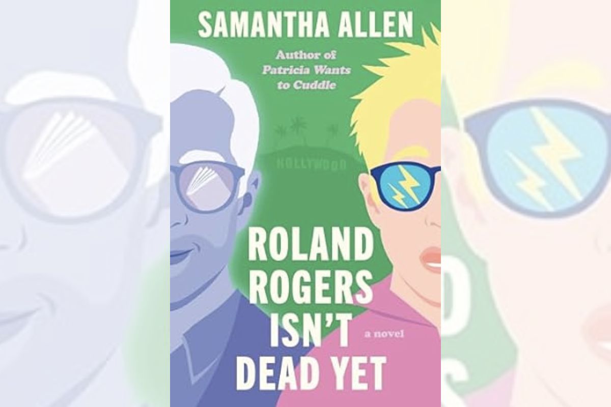 Book cover for "Roland Rogers Isn't Dead Yet" with the drawing of two faces on the sides of the cover.