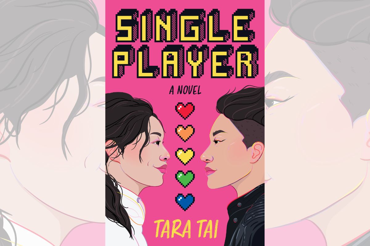 Book cover for "Single Player" in pink with two people staring at each other with colorful hearts in the middle.