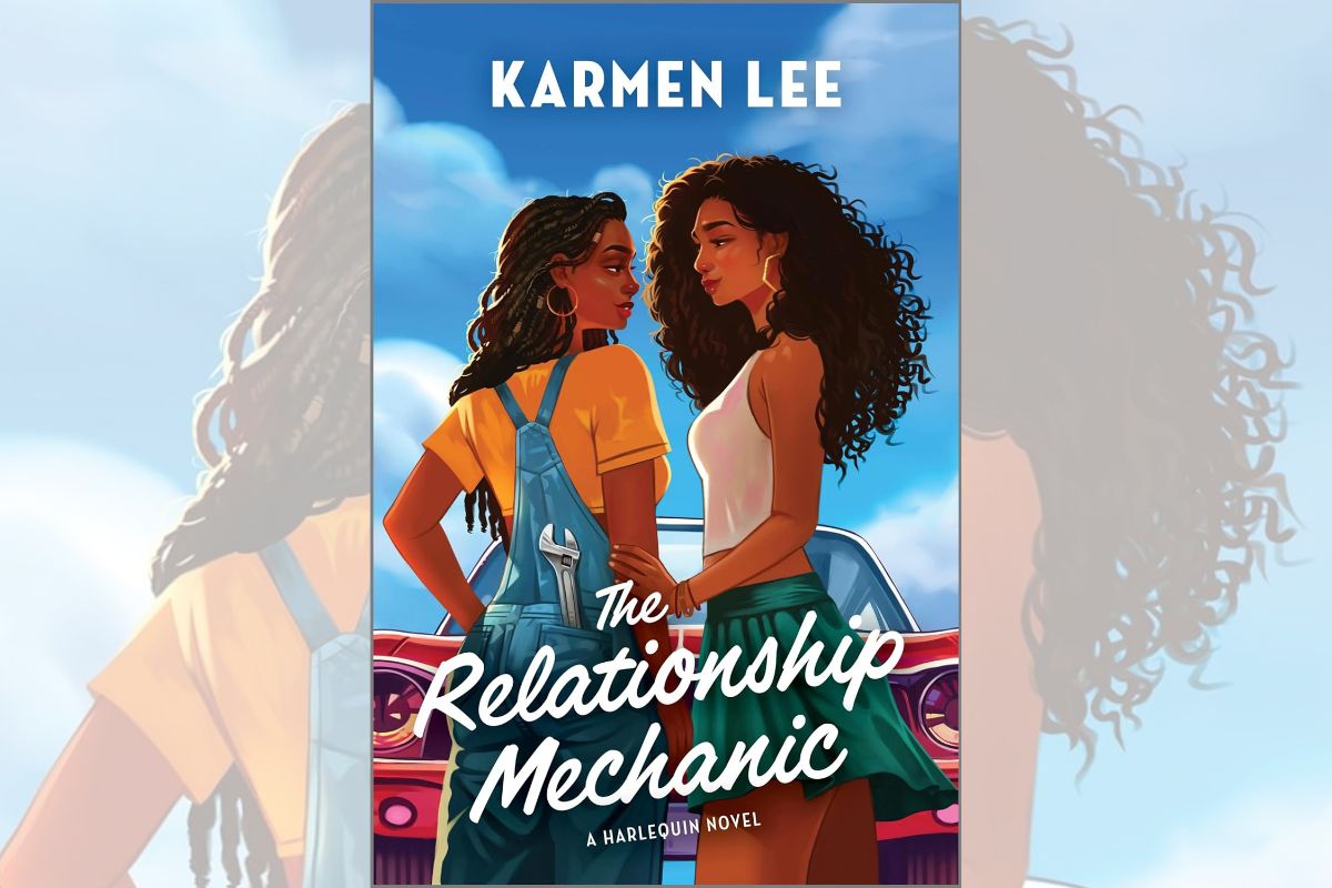 Book cover for "The Relationship Mechanic" with the drawing of two women standing close together in front of a red car.