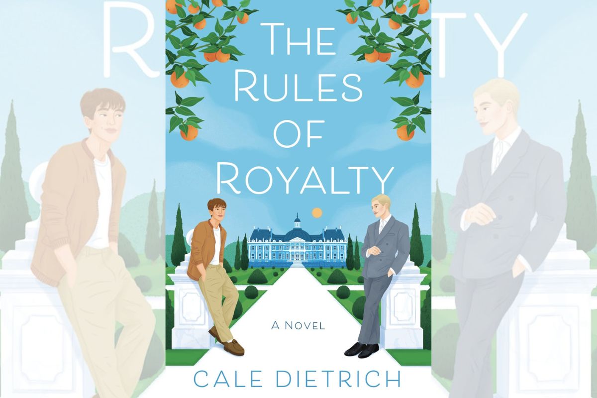 Book cover for "The Rules of Royalty" with two men standing on each side and a pathway leading to a house in the middle.