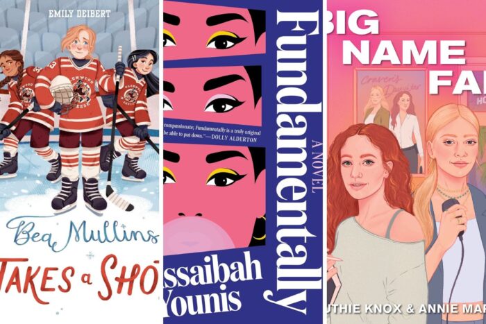 6 LGBTQIA Books to Celebrate Valentine’s Day: Cursebound, Fundamentally, and more Collage with book covers for "Bea Mullins Takes a Shot," "Fundamentally," and "Big Name Fan."