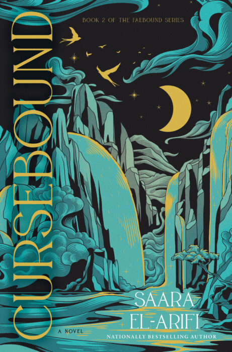 Book cover for "Cursebound" in black, teal, and yellow with the drawing of a waterfall and the moon.