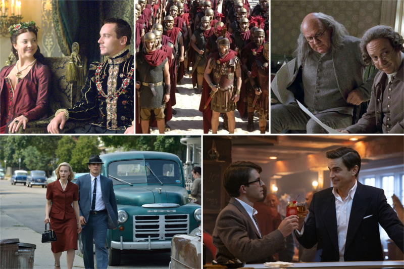 15 TV Dramas Perfect for History Enthusiasts Collage of The Tudors, Rome, John Adams, 11.22.63, and Fellow Travelers