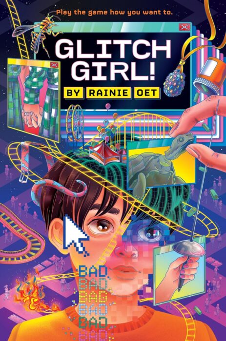 Book cover for "Glitch! Girl" with different drawings in colors.