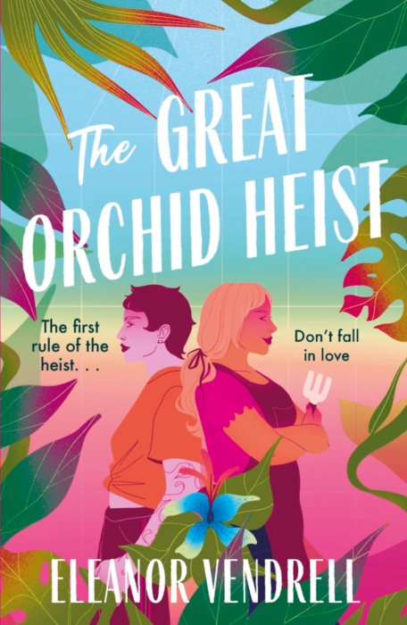 Book cover for "The Great Orchid Heist" with two people between trees.