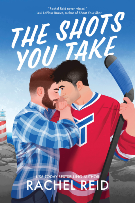 Book cover for "The Shots You Take" with two men hugging.