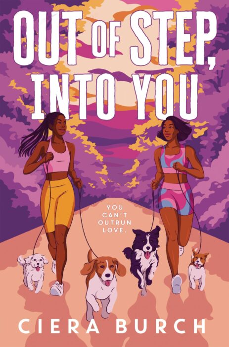 Book cover for "Out of Step, Into You" with two individuals running with dogs.