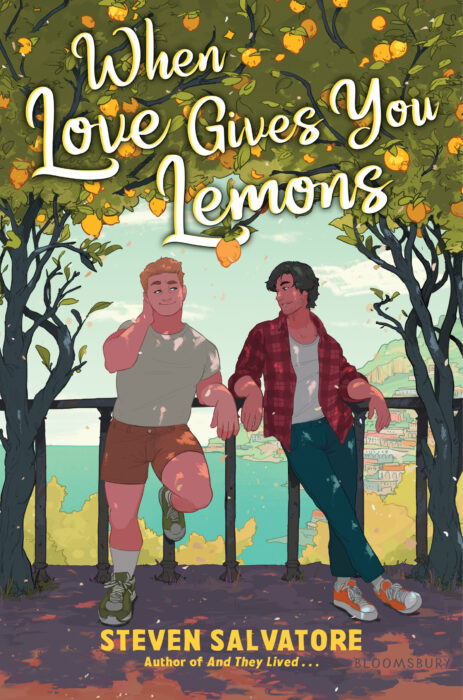 Book cover for "When Love Gives You Lemons" with two individuals leaning against a railing under lemon trees.