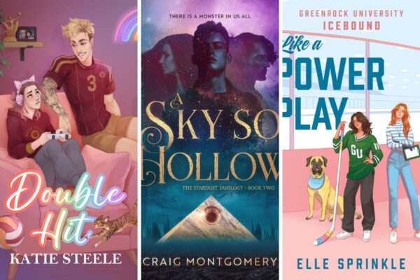Collage with book covers for "Double Hit," "A Sky So Hollow," and "Like a Power Play."