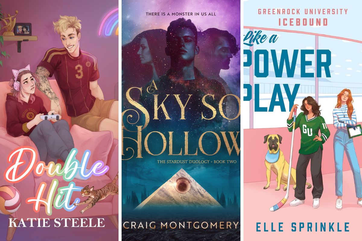 Keep Pride Alive With These 6 LGBTQIA Books: A Sky So Hollow, Double Hit and more Collage with book covers for "Double Hit," "A Sky So Hollow," and "Like a Power Play."