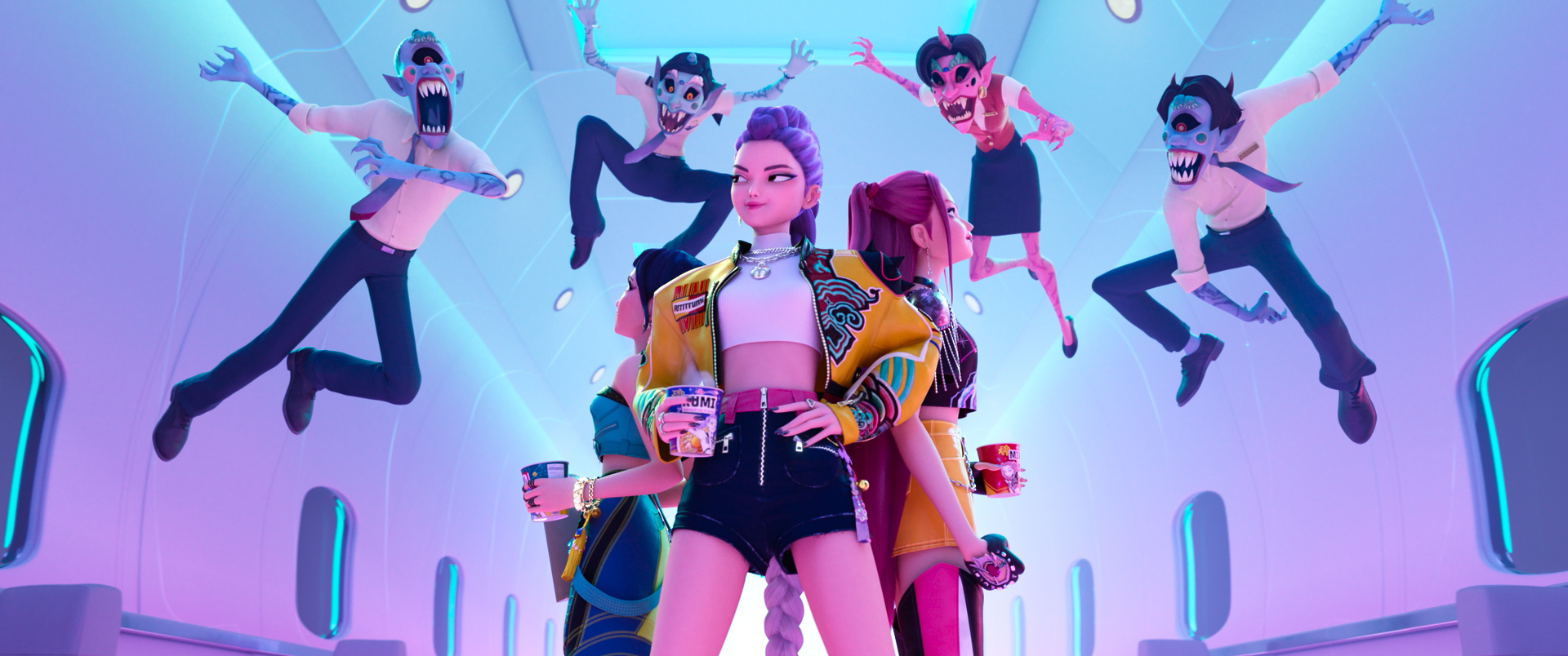 KPOP DEMON HUNTERS - Eulalie Magazine Rumi, Mira, and Zoey fighting in KPOP Demon Hunters