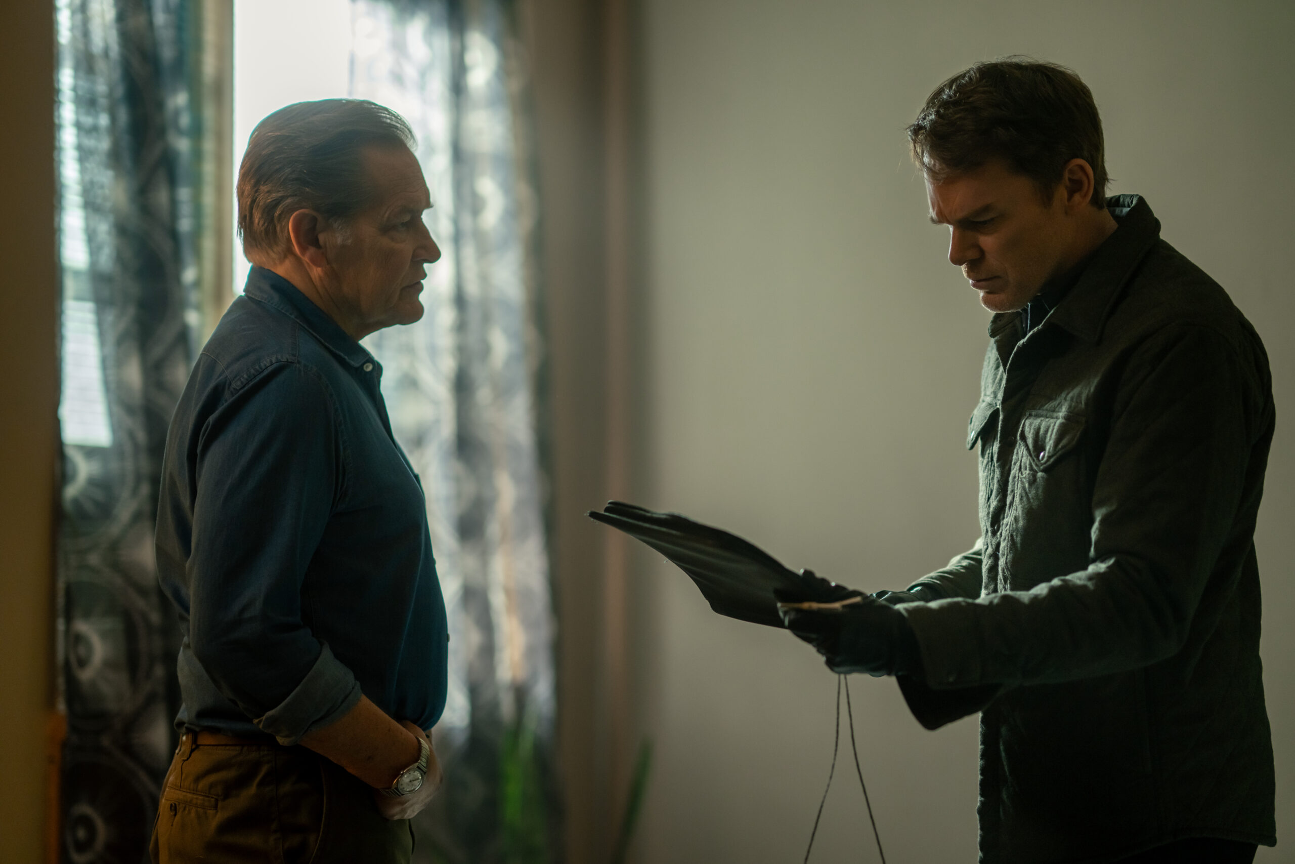 L-R: James Remar as Harry Morgan and Michael C. Hall as Dexter Morgan in Dexter: Resurrection, episode 3, season 1, streaming on Paramount+ with SHOWTIME, 2025. Photo Credit: Zach Dilgard/Paramount+ with SHOWTIME.