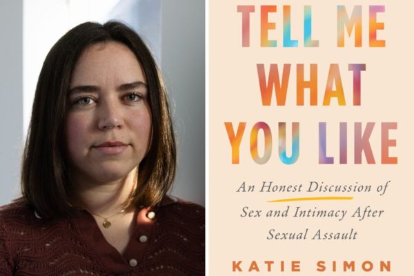 Collage with Katie Simon's headshot and cover for their book.
