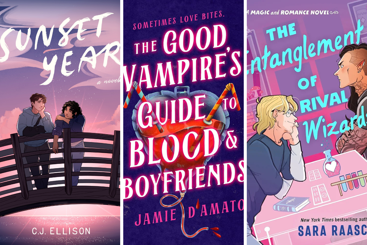 7 LGBTQIA Books You Should Read This August: Marisol Acts the Part, The Good Vampire’s Guide to Blood and Boyfriends, and more Collage with book covers for "Sunset Year," "The Good Vampire's Guide to Blood and Boyfriends," and "The Entanglement of Rival Wizards."