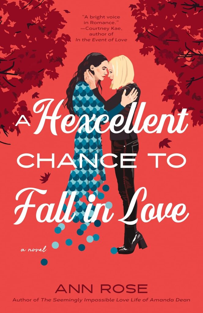 Book cover for "A Hexcellent Chance to Fall in Love" in red with two individuals hugging.