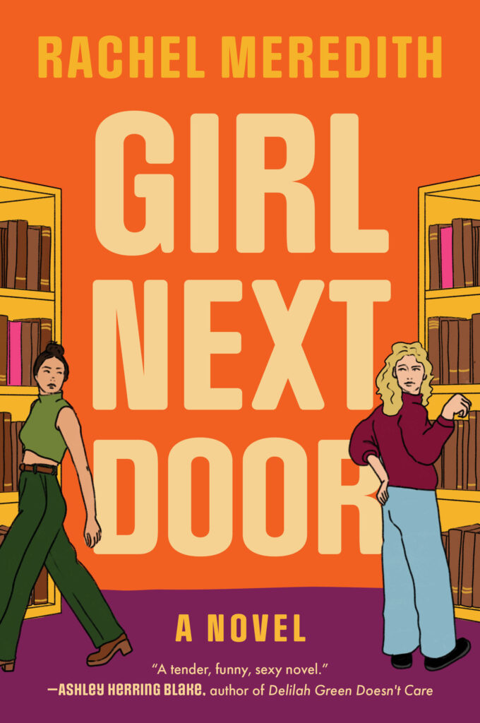 Book cover for "Girl Next Door" in orange with two girls standing in a library.