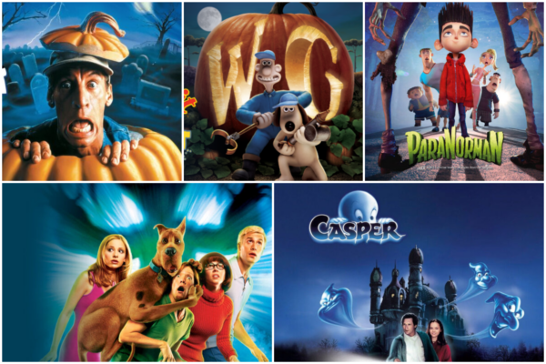 Collage of (clockwise from left to right) - Ernest Scared Stupid, Wallace & Gromit: The Curse of the Were-Rabbit, ParaNorman, Scooby-Doo, and Casper movie posters.
