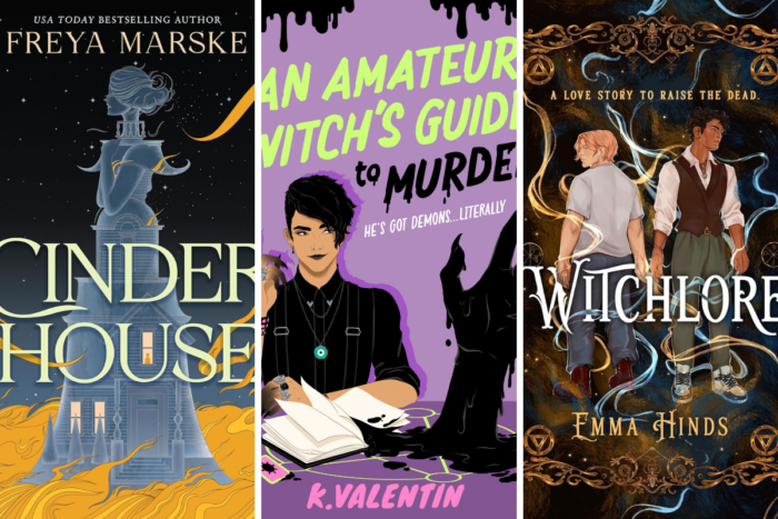 7 LGBTQIA Books to Read This Halloween: Witchlore, Dead & Breakfast, and more Collage with book covers for "Cinder House," " An Amateur Witch's Guide to Murder," and "Witchlore."