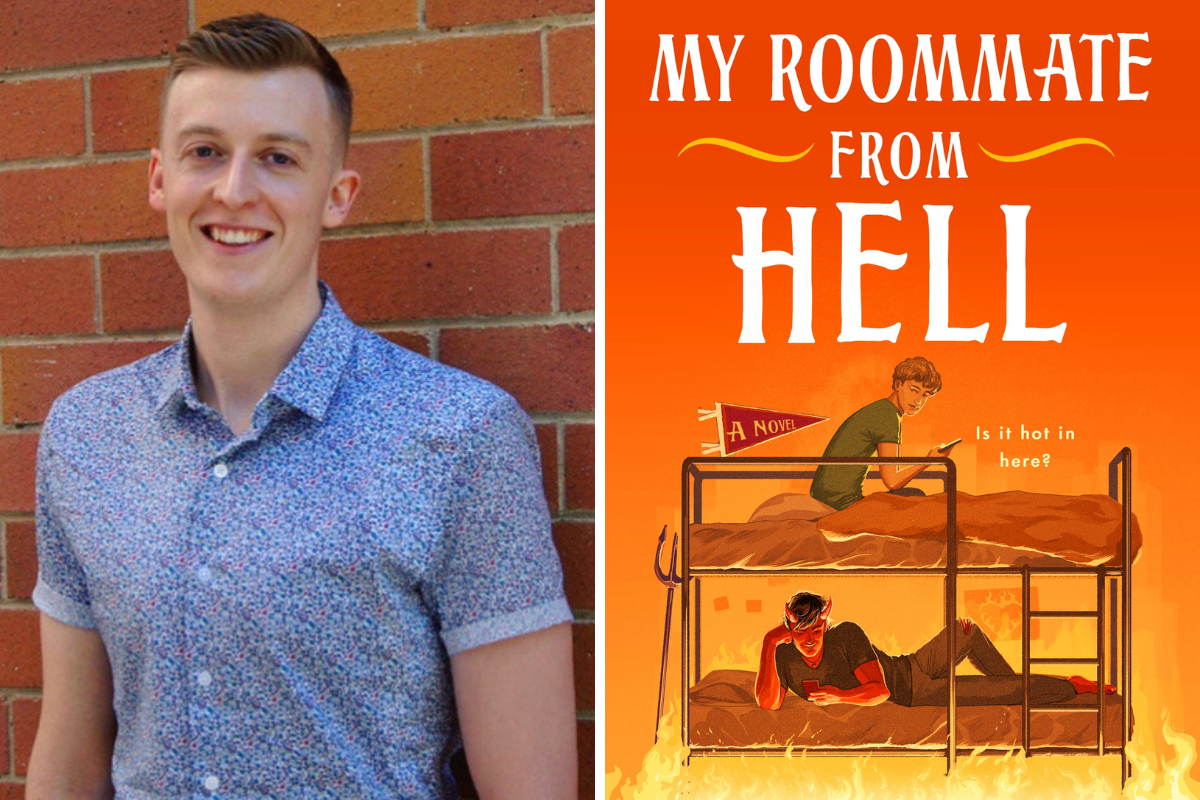 Cale Dietrich Talks My Roommate From Hell and Writing a Rom-Com Collage with Cale Dietrich's headshot and the book cover of his book "My Roommate From Hell."