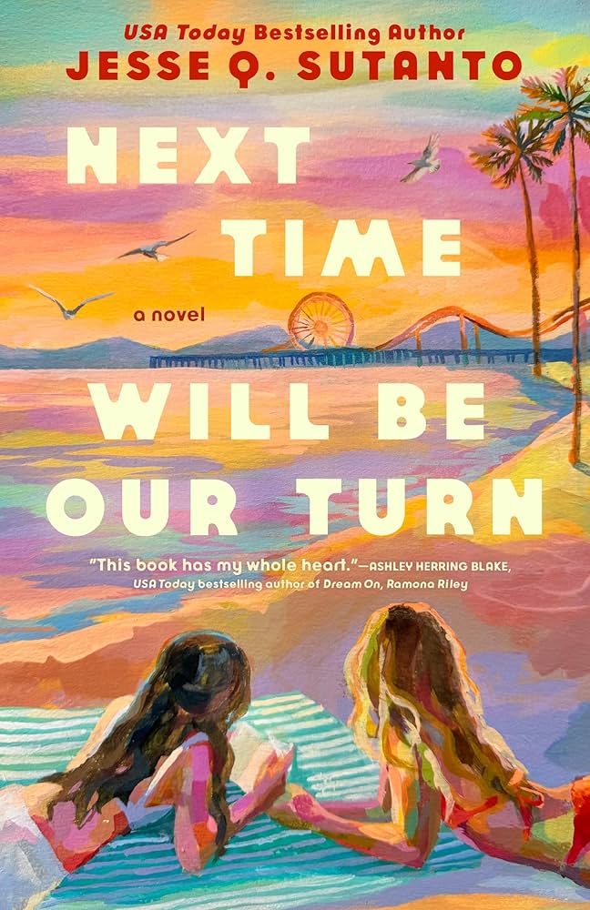 Book cover for "Next Time Will Be Our Turn" with two individuals laying on the sand holding hands.
