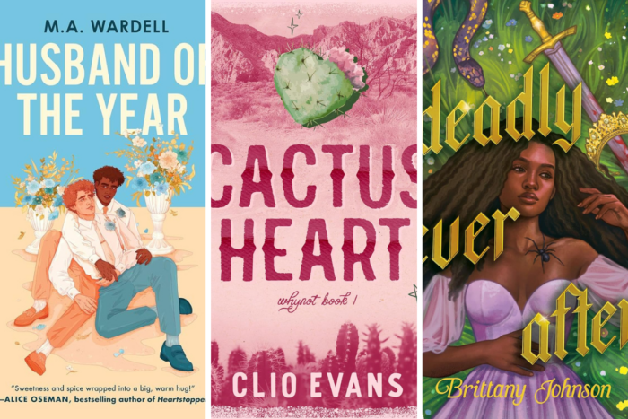 7 LGBTQIA Books to Read This November: My Roommate From Hell, Deadly Ever After, Cactus Heart, and more Collage with book covers for "Husband of the Year," "Cactus Heart," "Deadly Ever After."