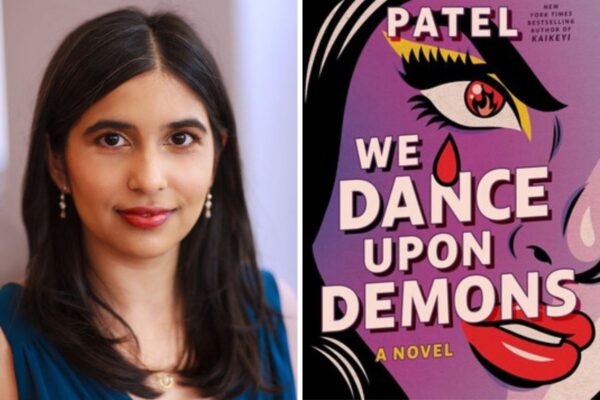 Collage with Vaishnavi Patel's headshot and book cover for "We Dance Upon Demons."
