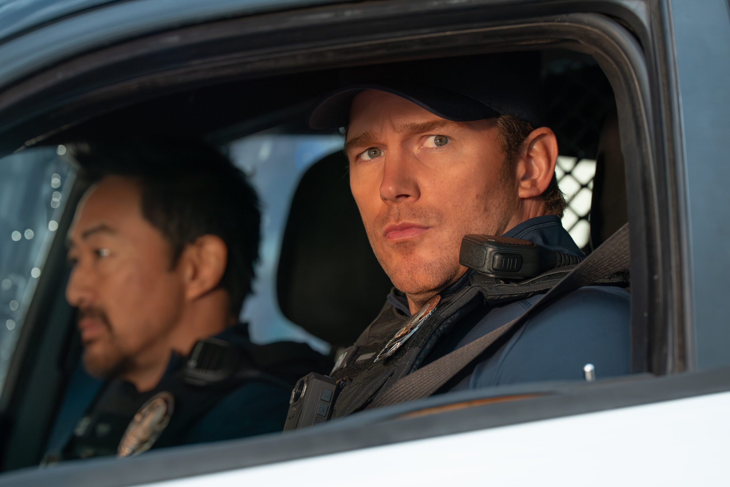 Mercy Review: A Timely Premise Trapped in Screenlife Gimmickry Kenneth Choi as Ray Vale and Chris Pratt as Chris Raven in MERCY
