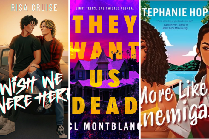 7 New LGBTQIA Books to Read This April: They Want Us Dead, Fruitcake, and more Collage with book cover for "Wish We Were Here," "They Want Us Dead," and "More Like Enemigas."