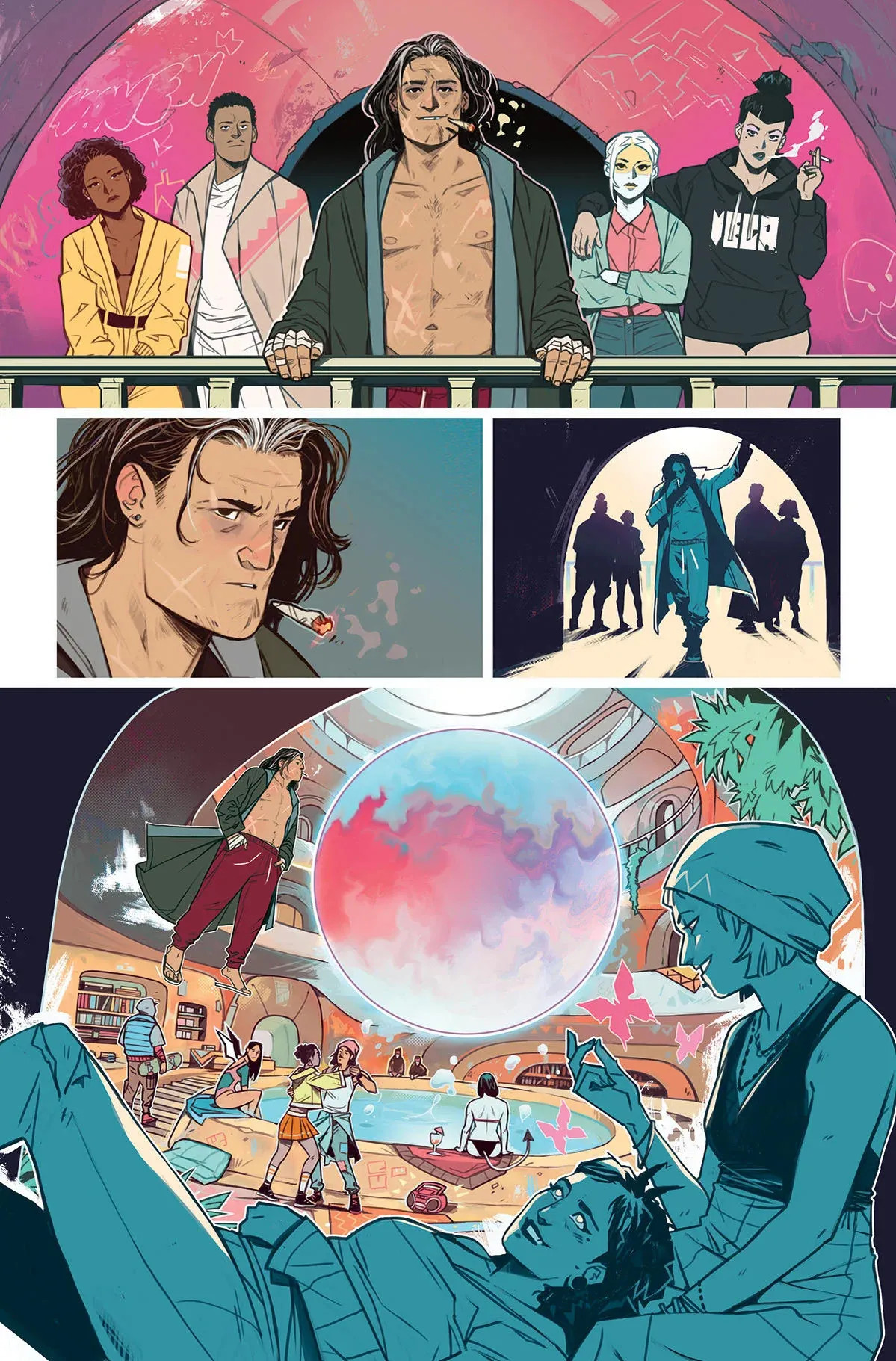 The Power Fantasy Vols. 2 & 3 Review: Kieron Gillen’s Doomsday Clock Reaches Zero Hour A three-tier page from The Power Fantasy: five characters pose on a balcony against a hot pink archway, followed by a close-up of the long-haired central figure and a silhouetted group framed in a moonlit doorway, then a wide bottom panel showing two figures observing a luminous orb floating above a sprawling communal space filled with people, warm architecture, and scattered pink butterflies.