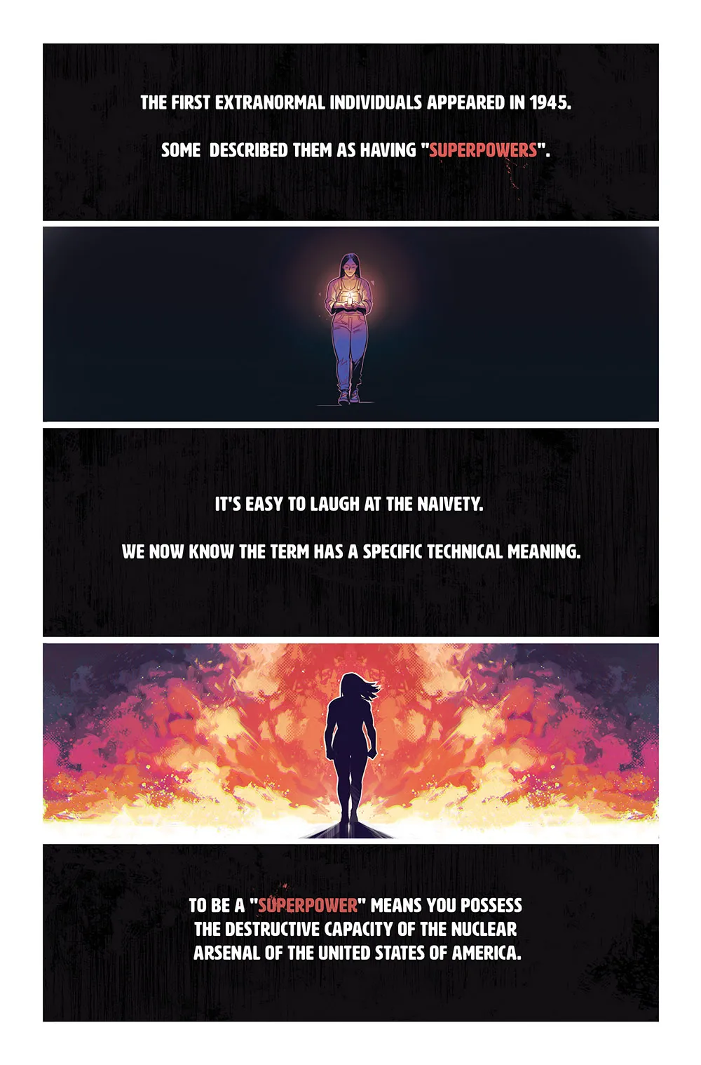 The Power Fantasy Vols. 2 & 3 Review: Kieron Gillen’s Doomsday Clock Reaches Zero Hour A five-panel promotional page from The Power Fantasy establishing the series' premise: caption boxes on black explain that "superpowers" carry a specific technical definition, framing two images of the same woman—first small and luminous against darkness, then silhouetted and engulfed in a massive nuclear-scale explosion of orange and red—as the text defines a "superpower" as possessing the destructive capacity of the entire U.S. nuclear arsenal.