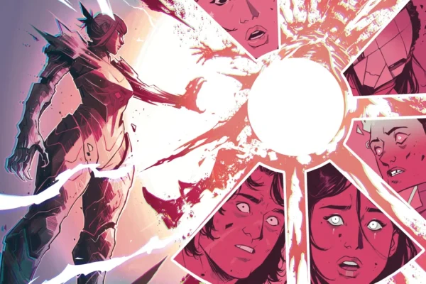 A two-page spread from The Power Fantasy: Eliza Hellbound stands in silhouette at left, armored and radiating white light, while a starburst panel layout surrounds a blinding central flash with the shocked and frightened faces of four onlookers caught in the blast radius. Colors are dominated by deep crimson and hot pink.