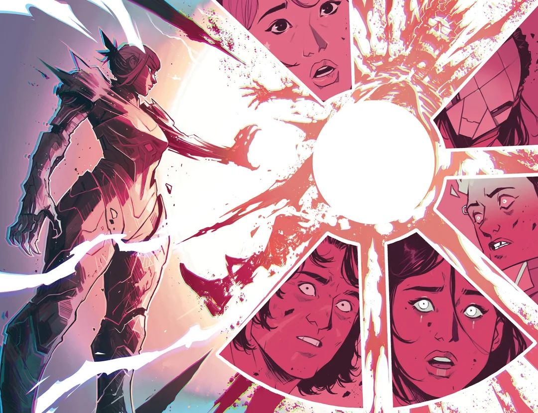 The Power Fantasy Vols. 2 & 3 Review: Kieron Gillen’s Doomsday Clock Reaches Zero Hour A two-page spread from The Power Fantasy: Eliza Hellbound stands in silhouette at left, armored and radiating white light, while a starburst panel layout surrounds a blinding central flash with the shocked and frightened faces of four onlookers caught in the blast radius. Colors are dominated by deep crimson and hot pink.
