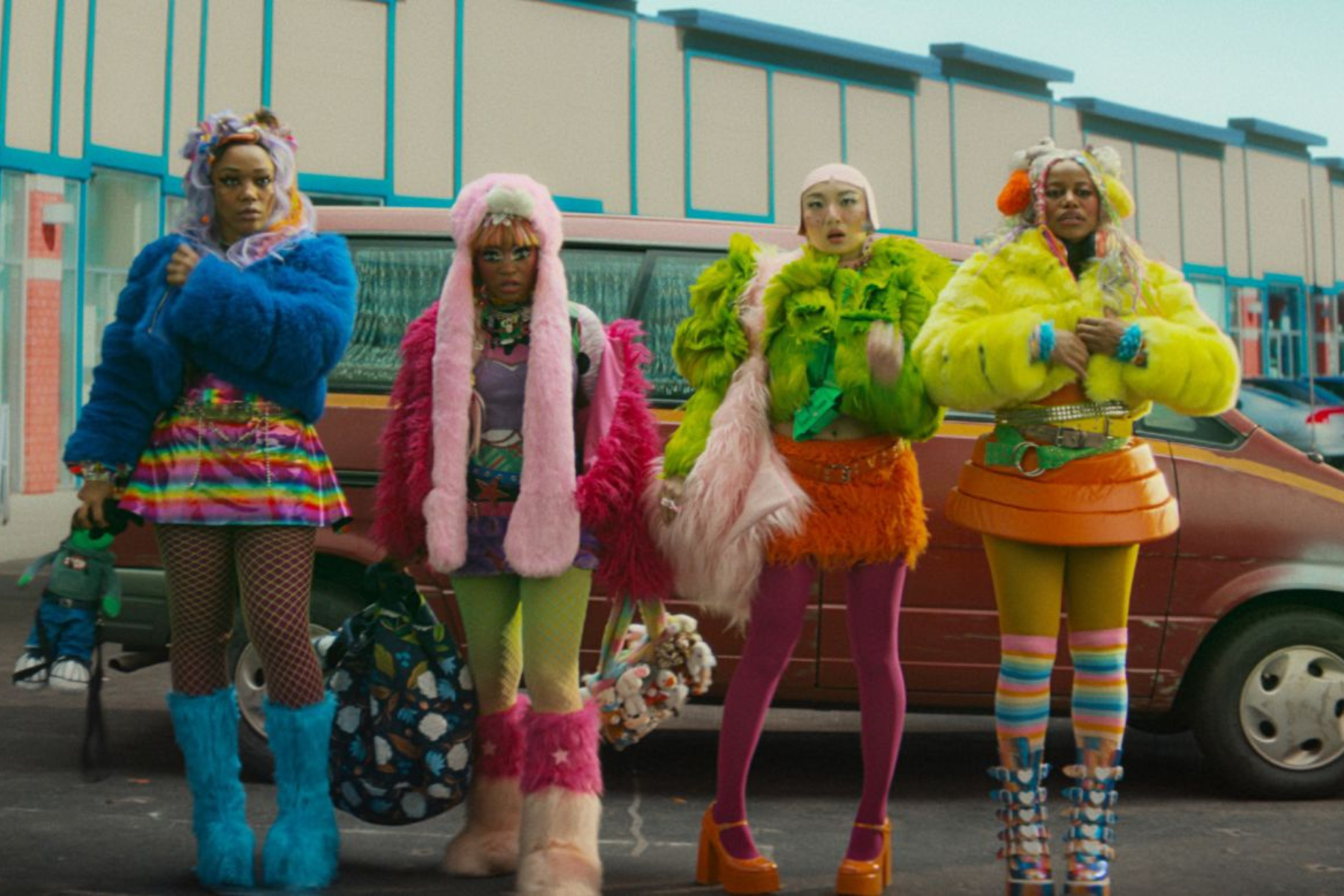I Love Boosters Review: Stylish, Strange, and Slightly Uneven Four members of the Velvet Gang stand in front of a van wearing brightly colored faux-fur jackets, patterned tights, platform shoes, and eccentric accessories in I Love Boosters.