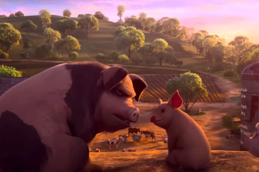 Animal Farm Review: George Orwell Fans May Be Underwhelmed by This Interesting Misfire Two pigs—one large black-and-white and one small pink—face each other on a farm rooftop at sunset with fields and trees in the background.