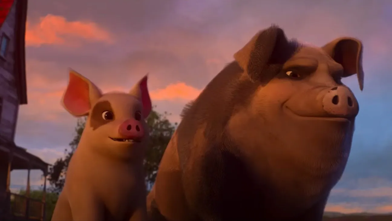 Animal Farm Review: George Orwell Fans May Be Underwhelmed by This Interesting Misfire Two animated pigs outdoors at sunset, a small piglet with pink ears beside a larger pig looking ahead.