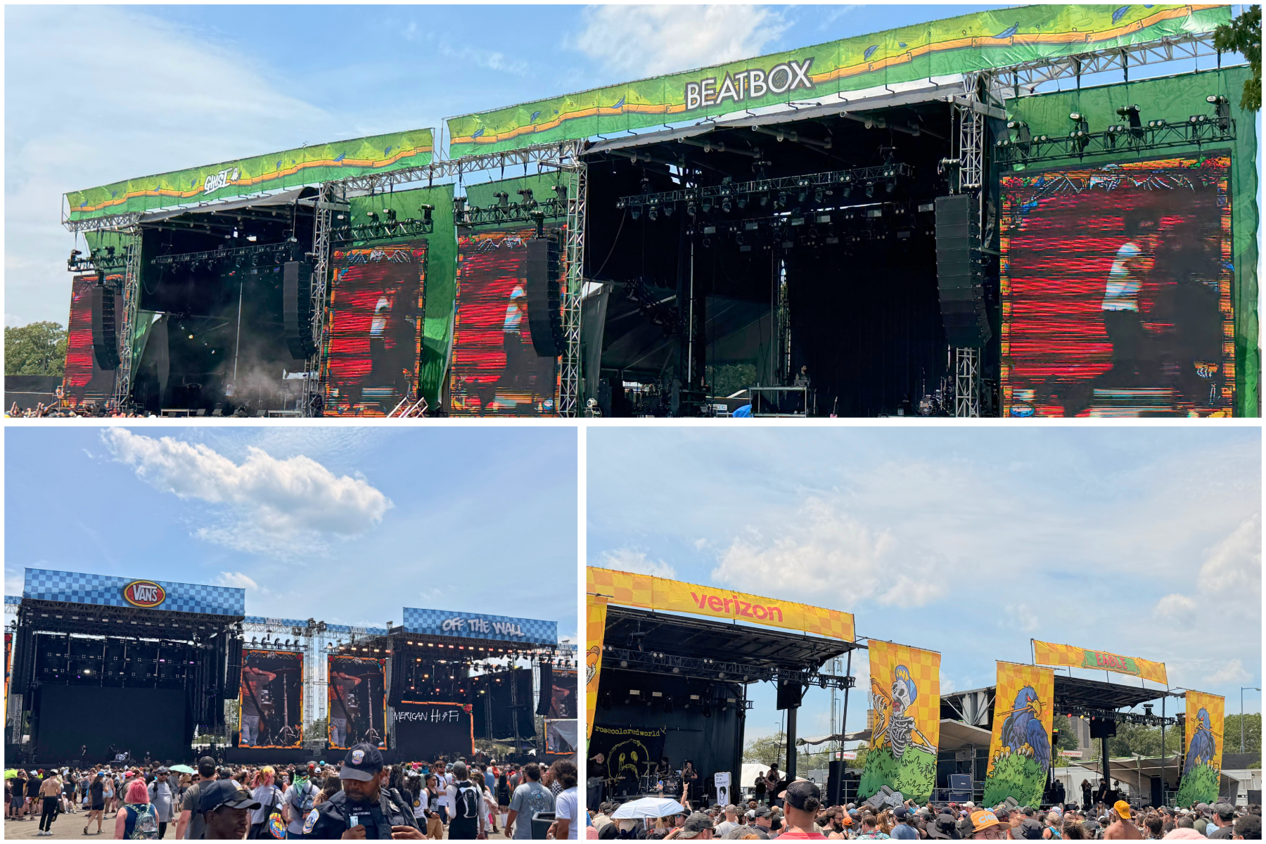 Vans Warped Tour DC 2026 Stages - Eulalie Magazine Vans Warped Tour D.C. Review: The Punk Rock Summer is Back Wide festival stage with large video screens, green banners, and a cheering crowd in front of the performance area.