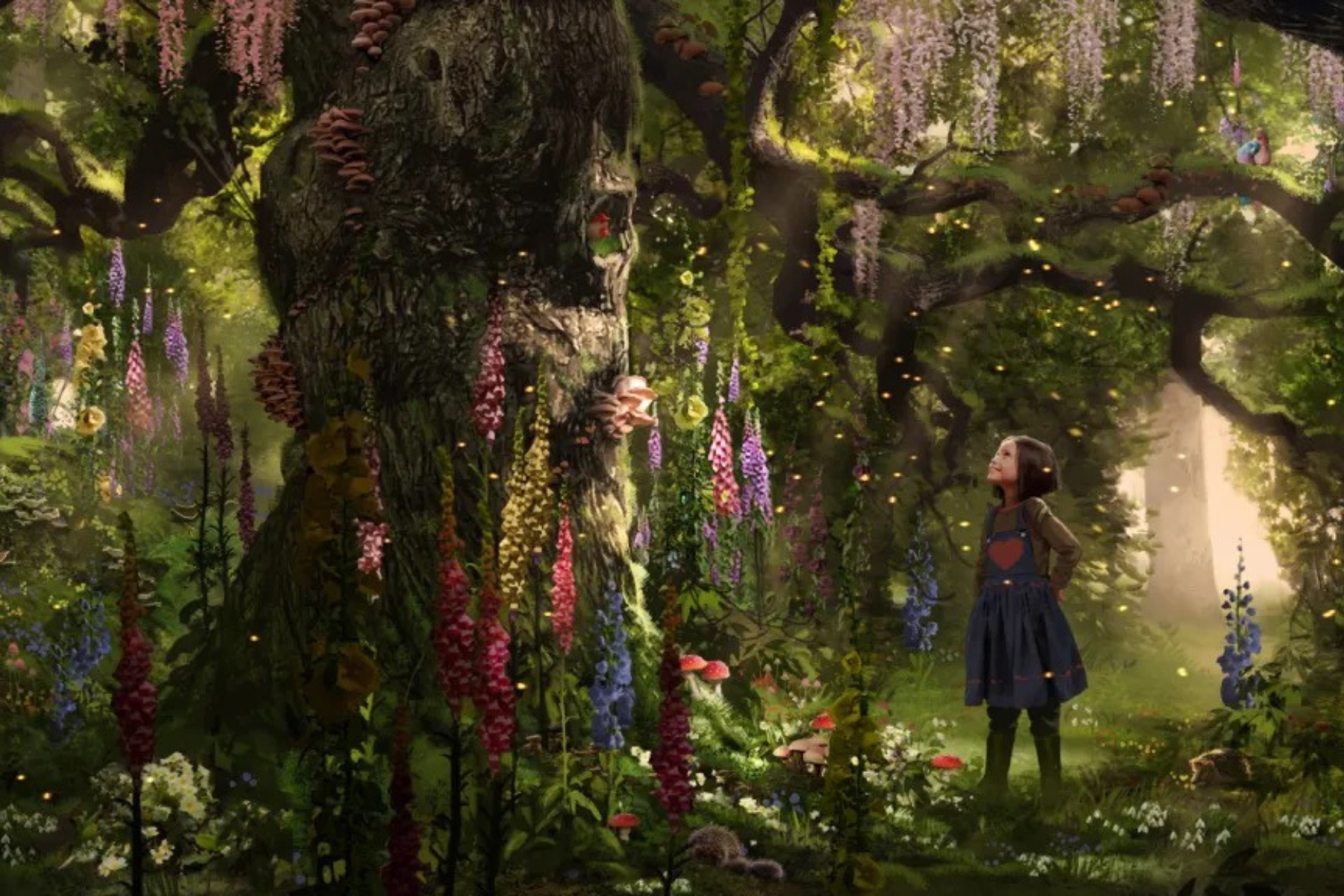 The Magic Faraway Tree Preview: Release Date, Cast, Plot, and More Young girl in a blue dress stands in a lush enchanted garden with hanging wisteria and glowing lights among colorful flowers.