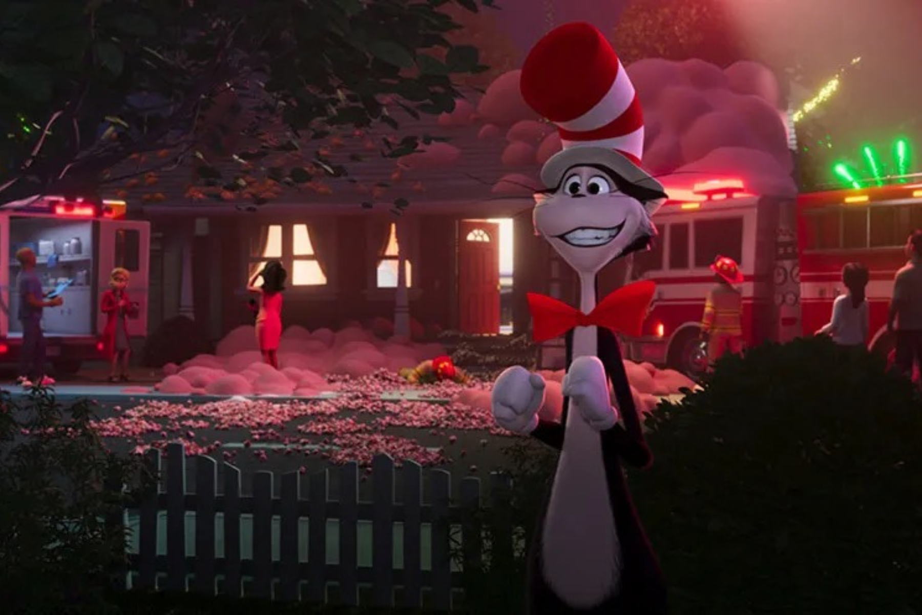 The Cat in the Hat Preview: Release Date, Cast, Plot, and More The Cat stands outside a house with emergency vehicles visible in the background.