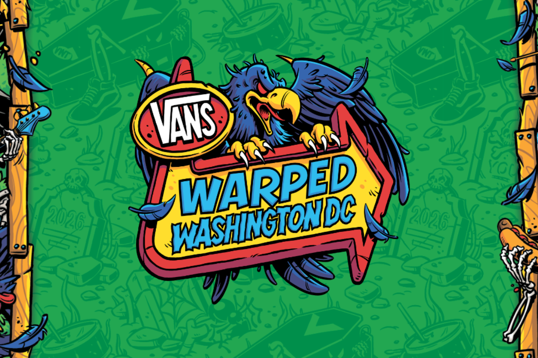Vans Warped Tour D.C. Review: The Punk Rock Summer is Back Cartoon parrot with blue feathers gripping a red-and-yellow sign that reads 'Warped Washington DC' next to a Vans logo, in a bright comic style background.