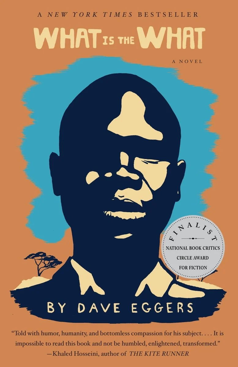9780307385901 - Eulalie Magazine Chicago Humanities’ Dave Eggers Discussion Review Book cover for What Is the What by Dave Eggers, orange background with a blue silhouette portrait and a finalist award seal mentioning National Book Critics Circle Award for Fiction.