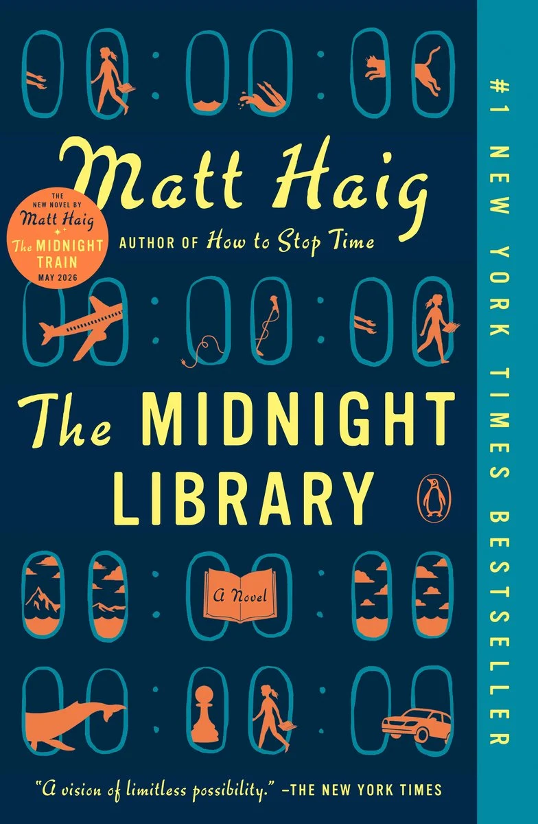 9780525559498 - Eulalie Magazine Matt Haig At the Chicago Humanities Festival Review Book cover for The Midnight Library by Matt Haig, dark blue with yellow title and author name, and orange capsule illustrations along the edges.
