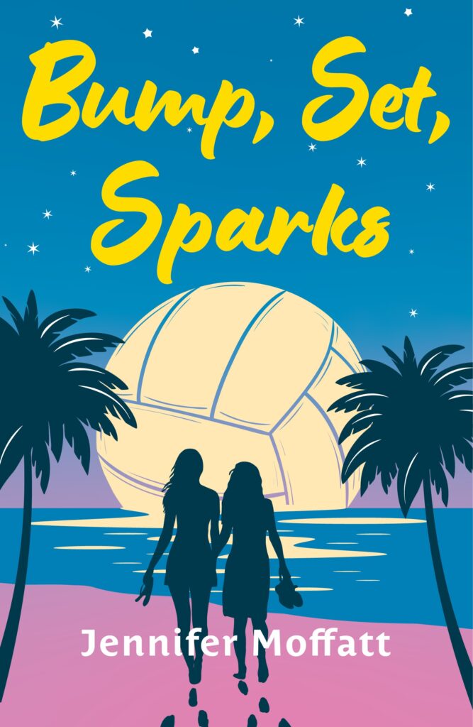 Celebrate Pride 2026 with 7 New LGBTQIA Books: Her Sharp Embrace, Dearly Departed, and more Book cover for'Bump, Set, Sparks' by Jennifer Moffatt, showing a beach volleyball scene with silhouetted people, palms, and a large ball at sunset.