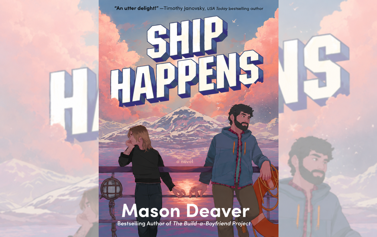 Ship Happens Review: A Second Chance Romance Sets Sail Cover for 'Ship Happens' by Mason Deaver, featuring two people on a ship deck with a sunset ocean and snow-capped mountains in the background.