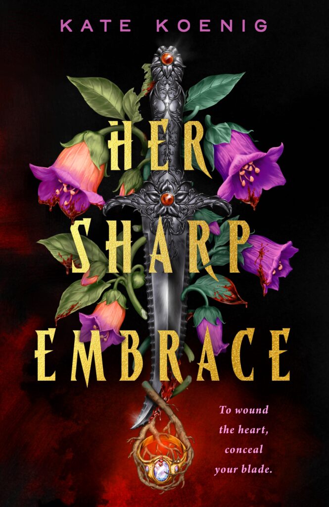 Celebrate Pride 2026 with 7 New LGBTQIA Books: Her Sharp Embrace, Dearly Departed, and more Book cover for "Her Sharp Embrace," featuring a dark ornate dagger wrapped by pink and purple flowers, with the title'HER SHARP EMBRACE' in gold letters and the author 'KATE KOENIG' at the top.