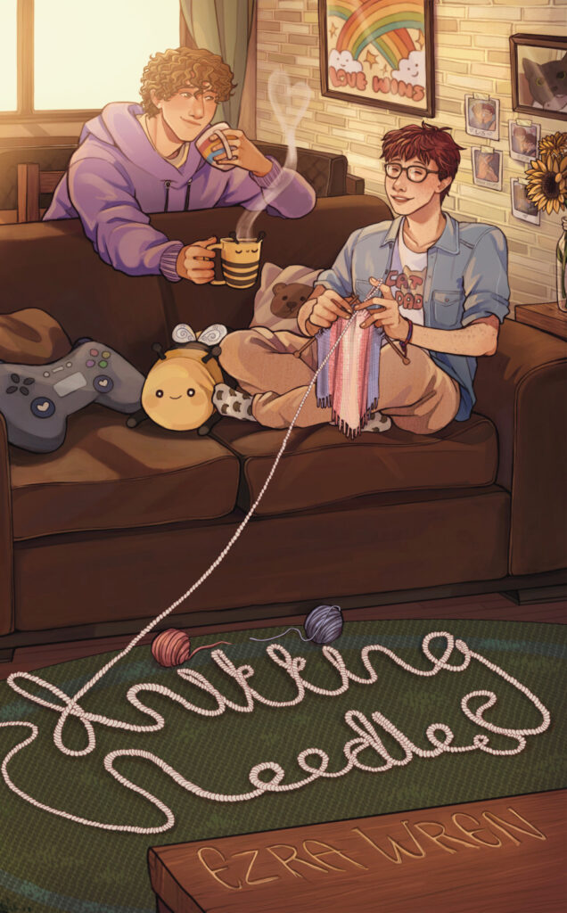 Celebrate Pride 2026 with 7 New LGBTQIA Books: Her Sharp Embrace, Dearly Departed, and more Two people lounge on a sofa, knitting and sharing coffee in a cozy living room on "Knotting Needles" book cover.