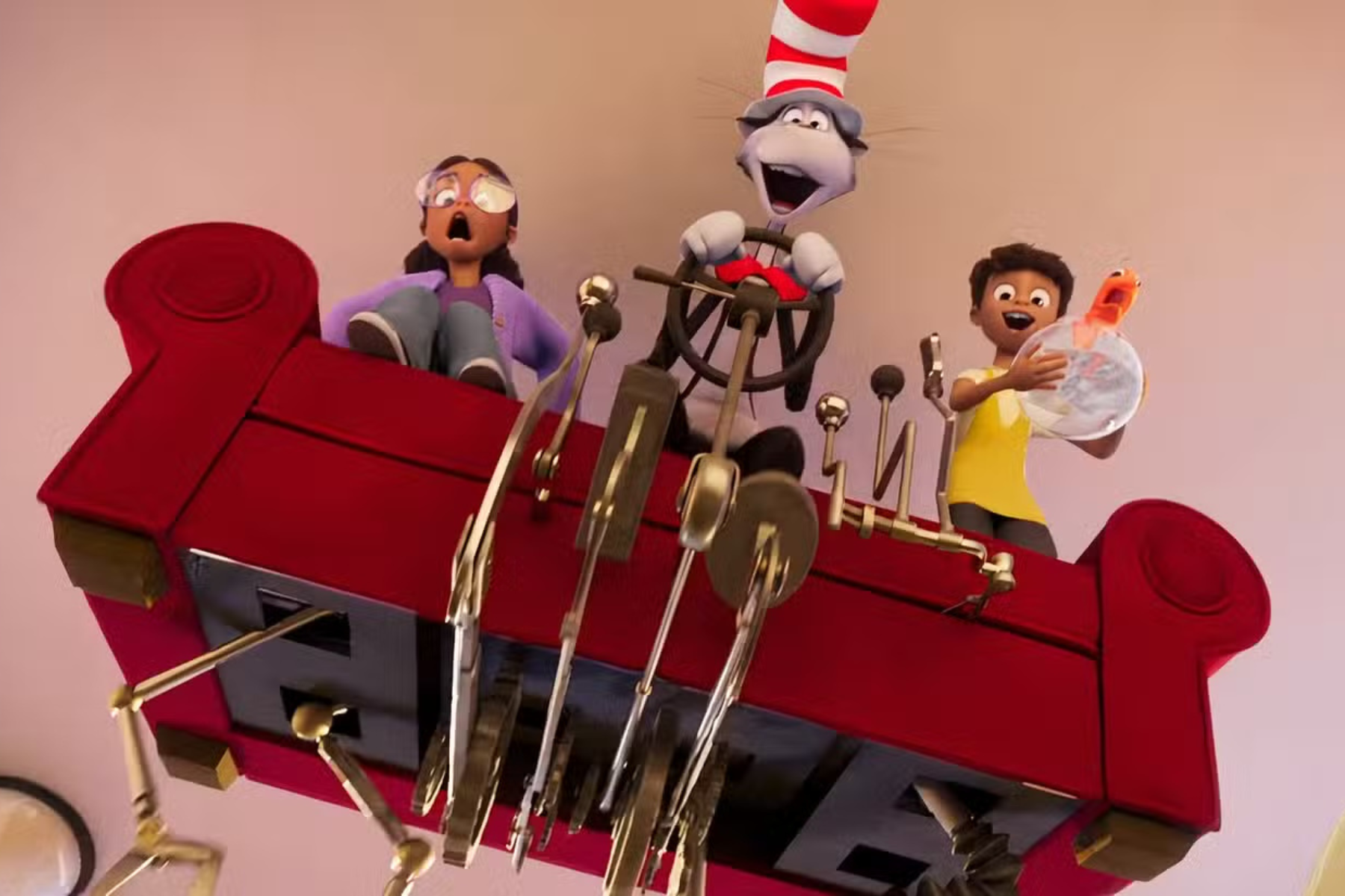 The Cat in the Hat Preview: Release Date, Cast, Plot, and More The Cat pilots a flying red couch carrying Gabby and Sebastian in The Cat in the Hat animated movie.