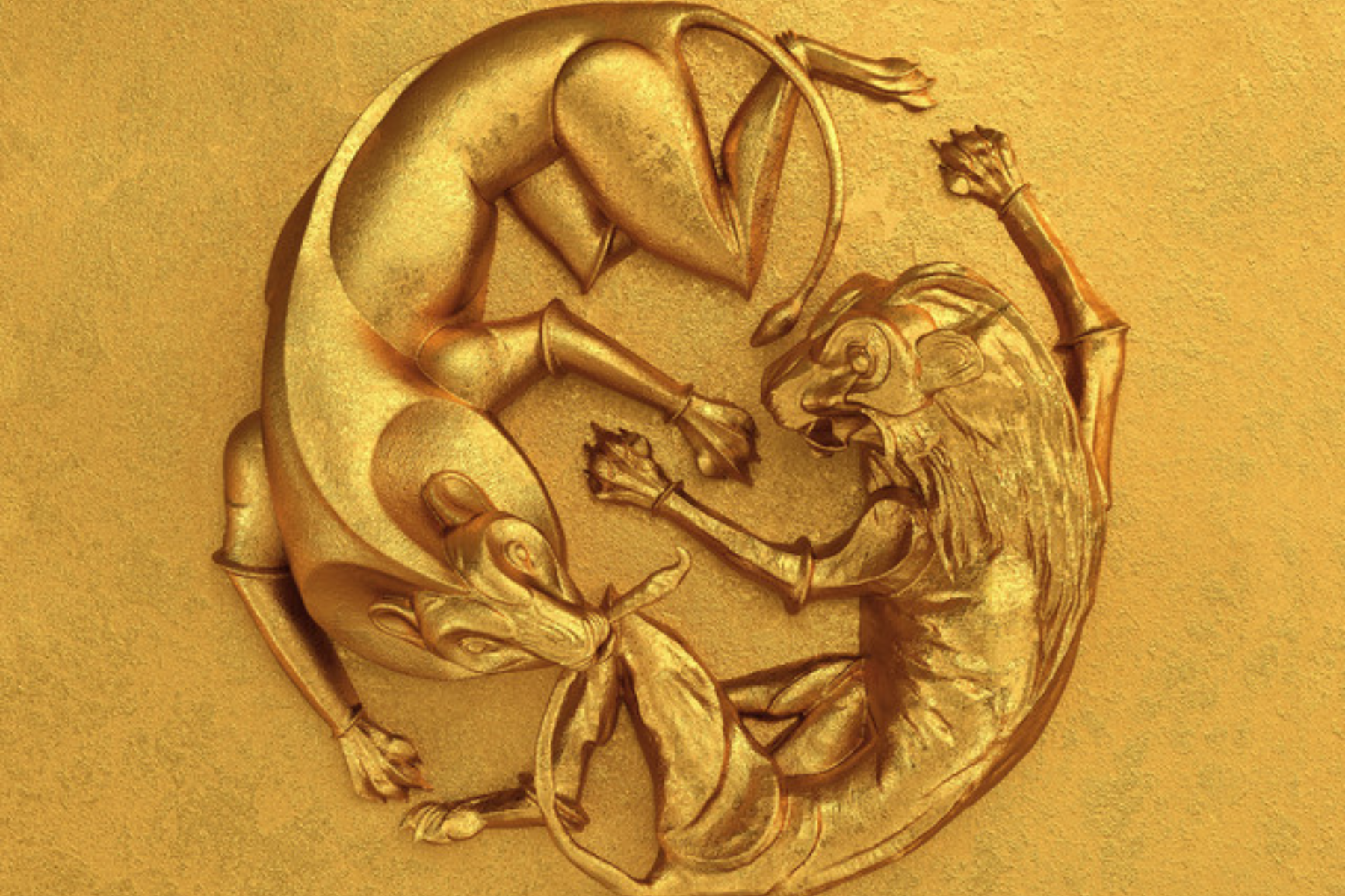 Every Beyoncé Album – Ranked! Circular gold relief depicting two figures wrestling in a tight embrace in a round plaque.